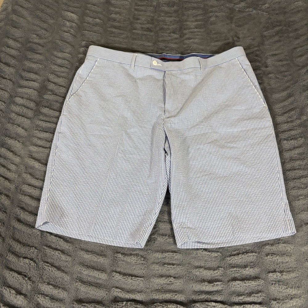 Linea Uomo Mens Blue White Seersucker Striped Shorts Size 42 Cotton Blend Summer